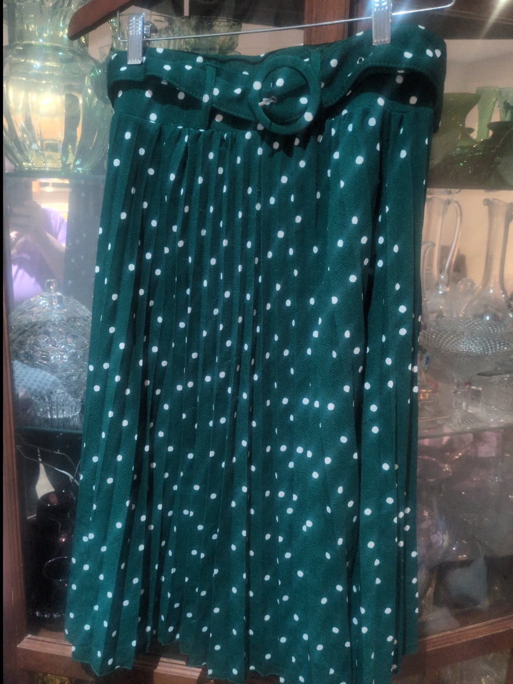 Lark + Grey green polka-dot pleated midi skirt